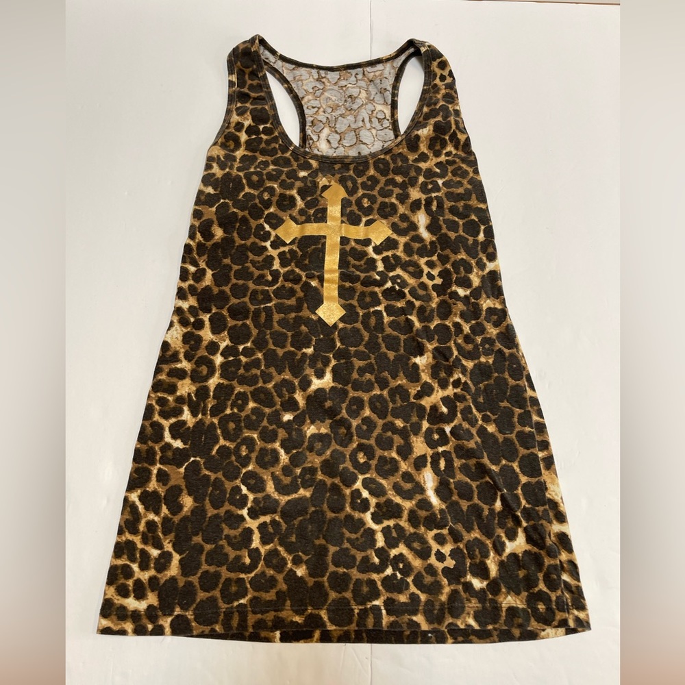 Rue 21 Junior Racer Back Tank Top Leopard Print Heretic Cross Size Large